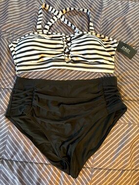 DACI Black & White Striped Bandeau High-Waist Swim Set